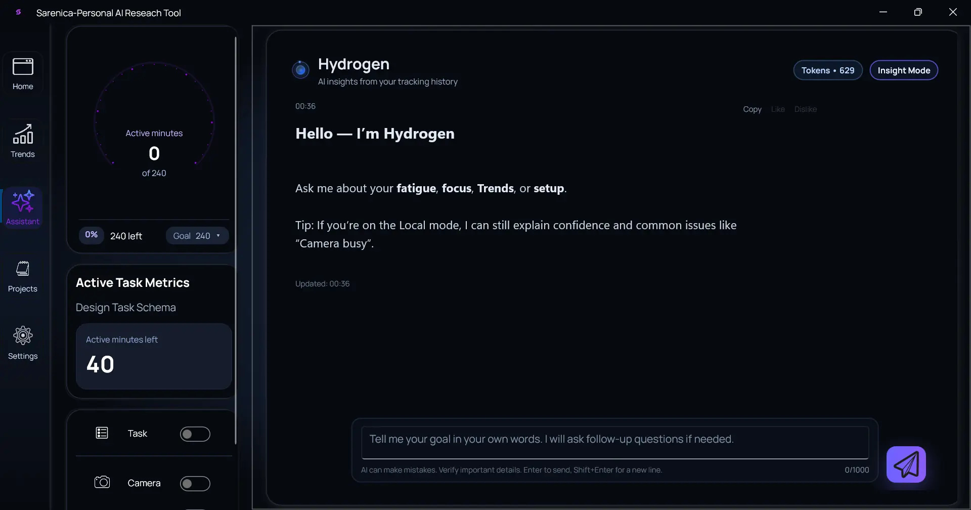 Hydrogen answering a baseline-grounded question inside the Sarenica app