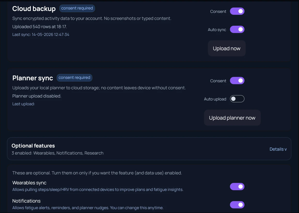 Sarenica consent toggles for cloud backup, planner sync, wearables sync, and notifications — each gated by explicit consent
