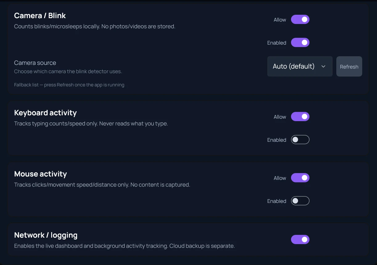 Sarenica consent toggles for camera, keyboard, and mouse detectors — each with an Allow + Enabled switch
