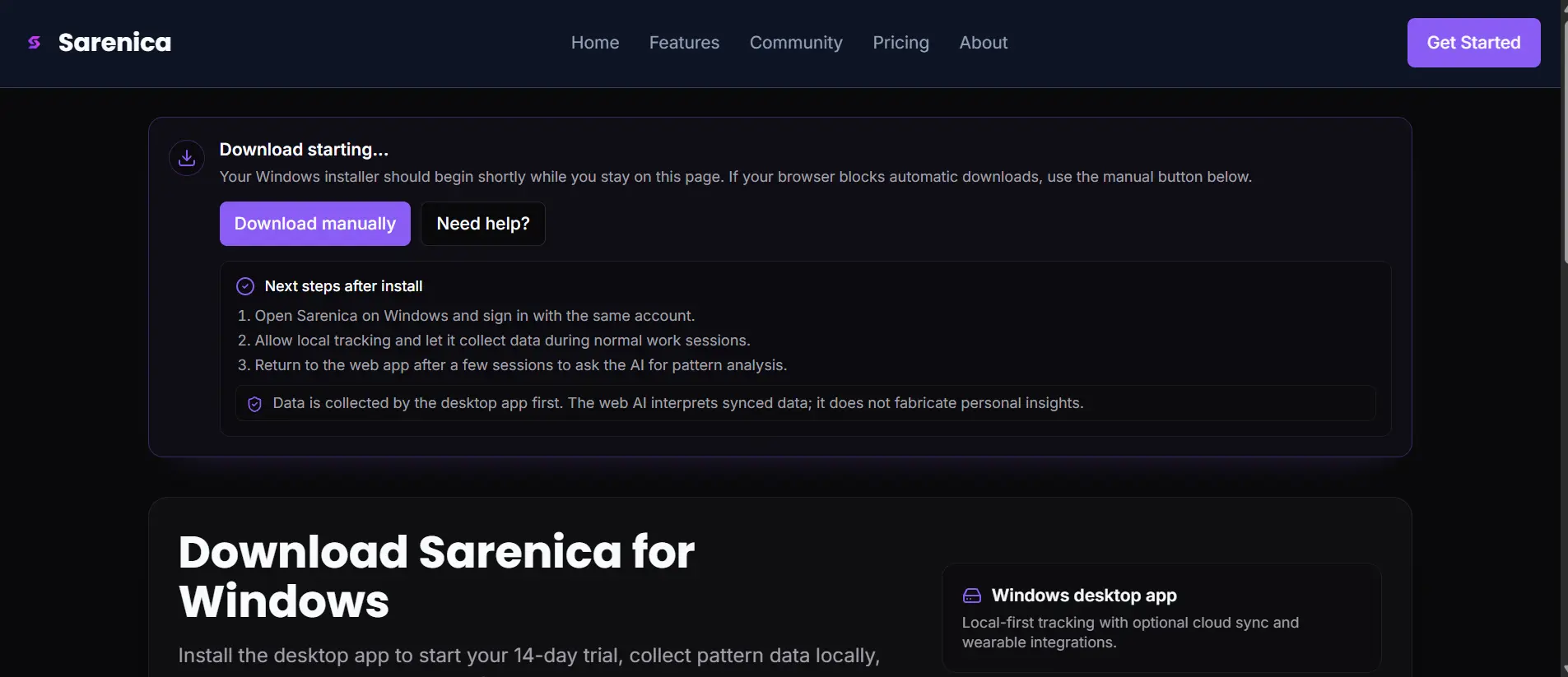 Sarenica install screen in the Microsoft Store on Windows